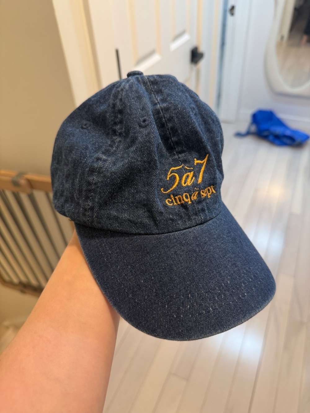 cinq a sept Navy Denim Cap with Yellow Embroidery